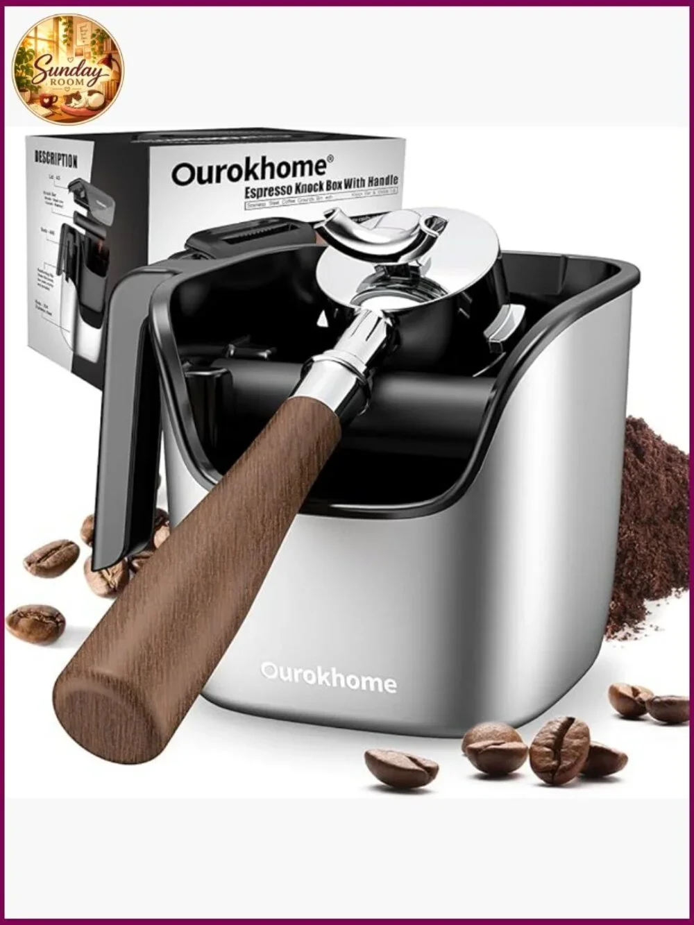 Espresso Knock Box with Lid, Removable Bar, Stainless Steel
